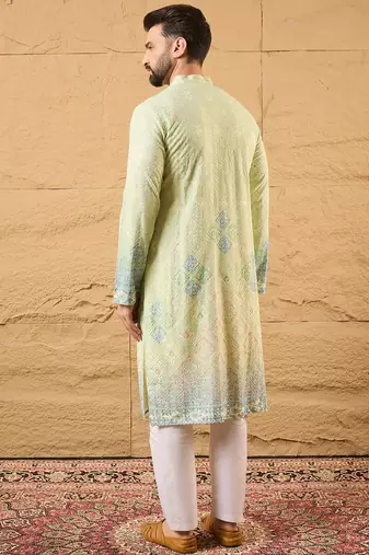 Men green viscose rayon bandhani embroidered straight kurta