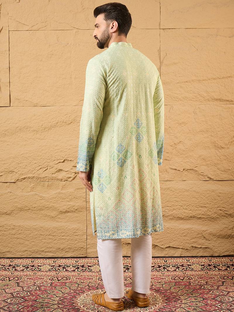 Men green viscose rayon bandhani embroidered straight kurta