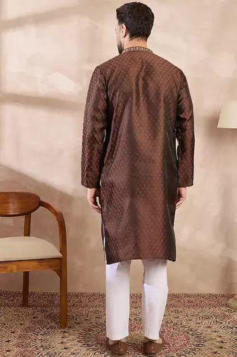 Men brown silk blend solid woven design straight kurta with trouser