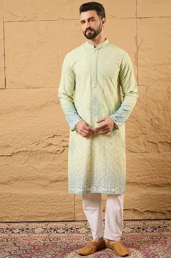 Men green viscose rayon bandhani embroidered straight kurta