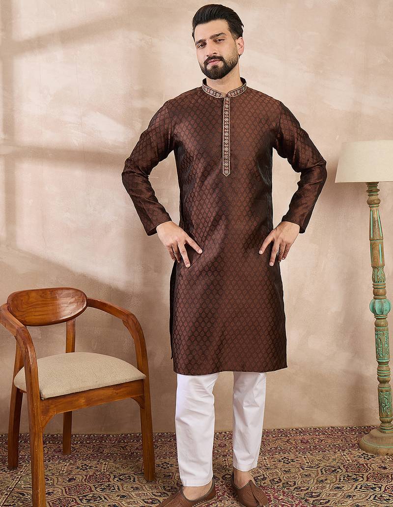 Men brown silk blend solid woven design straight kurta with trouser