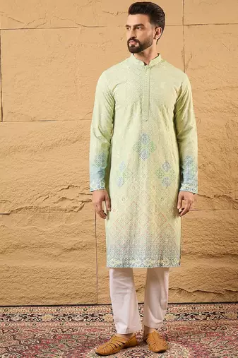 Men green viscose rayon bandhani embroidered straight kurta