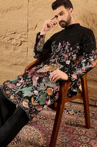 Men black georgette solid embroidered straight kurta