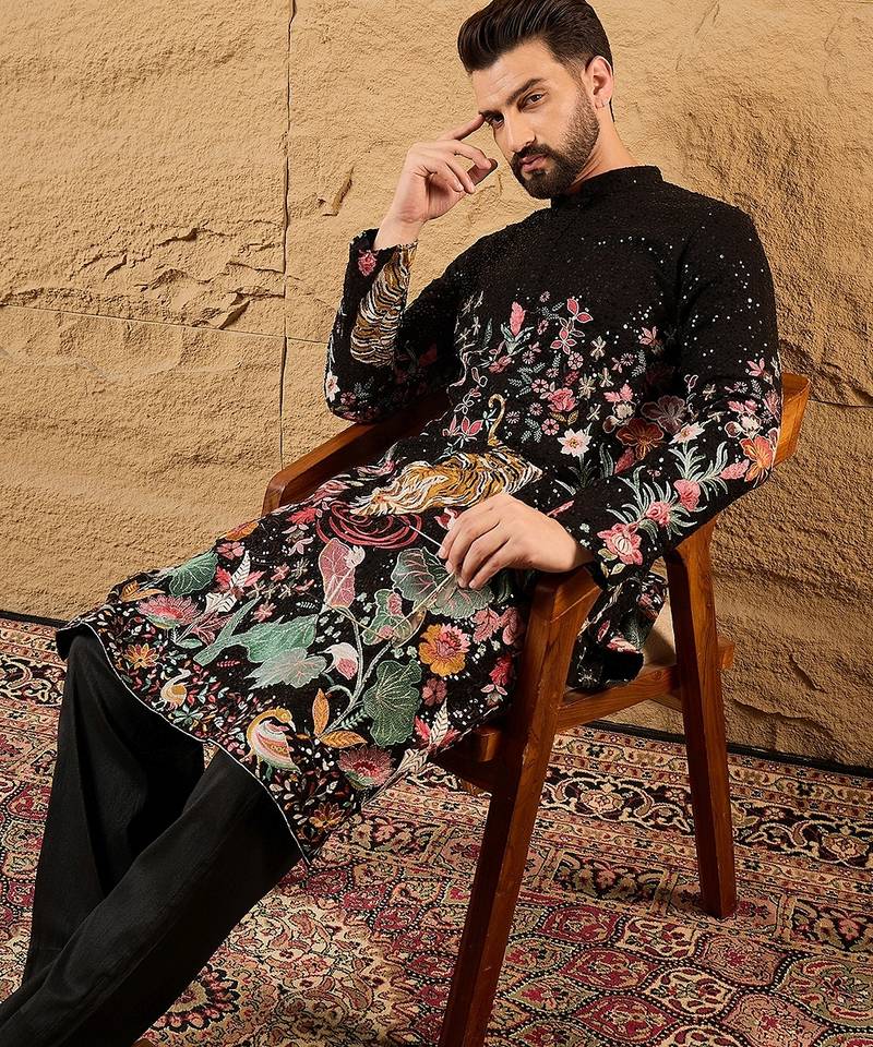 Men black georgette solid embroidered straight kurta