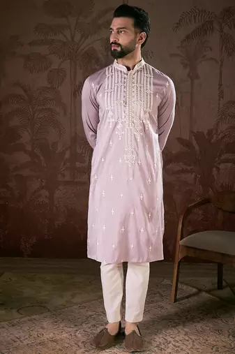 Men lavender silk blend solid embroidered straight kurta with trouser