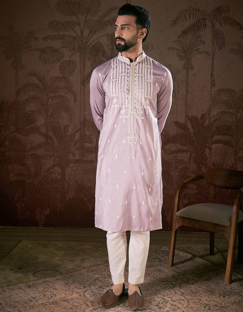 Men lavender silk blend solid embroidered straight kurta with trouser
