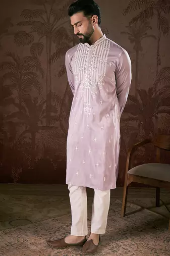 Men lavender silk blend solid embroidered straight kurta with trouser