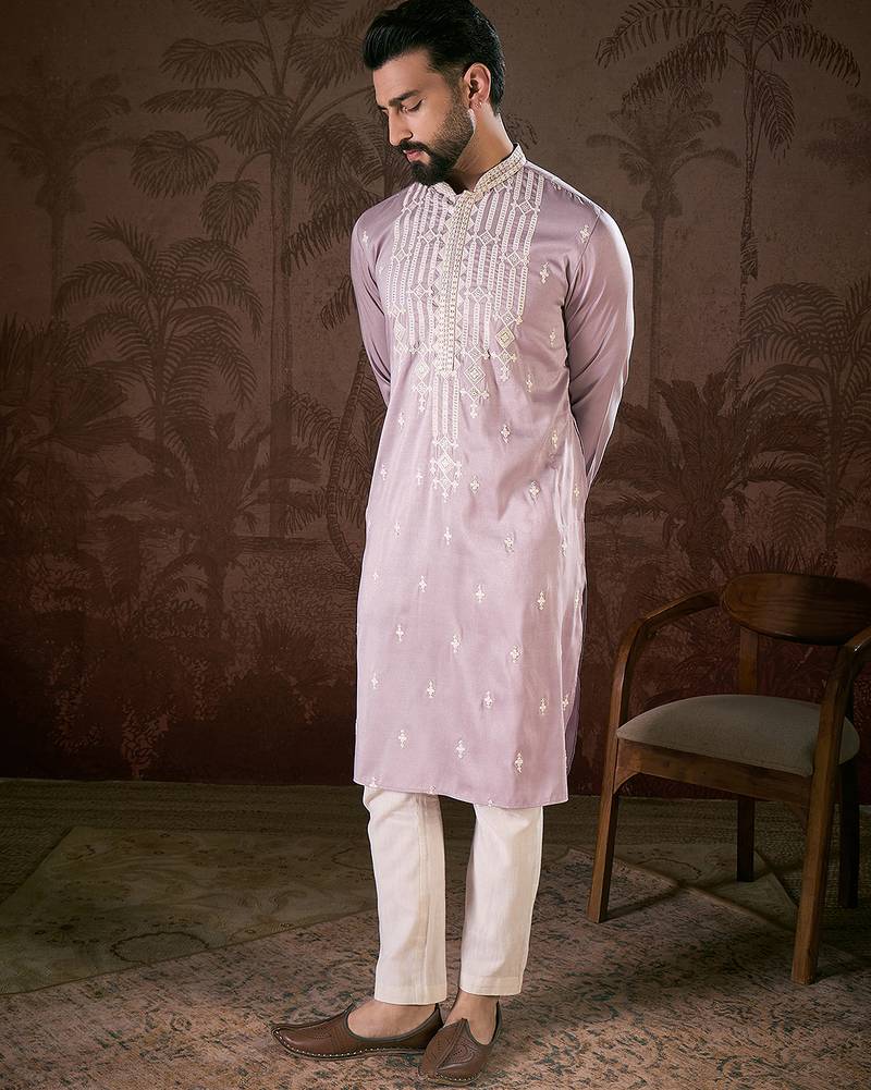 Men lavender silk blend solid embroidered straight kurta with trouser