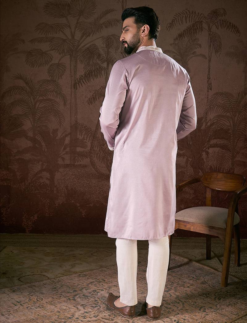 Men lavender silk blend solid embroidered straight kurta with trouser