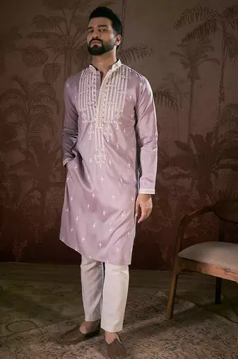 Men lavender silk blend solid embroidered straight kurta with trouser