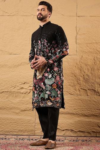 Men black georgette solid embroidered straight kurta