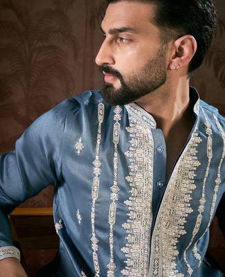 Men blue silk blend solid embroidered straight kurta with trouser 1