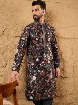 Men black silk blend solid embroidered straight kurta 2