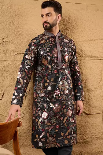 Men black silk blend solid embroidered straight kurta