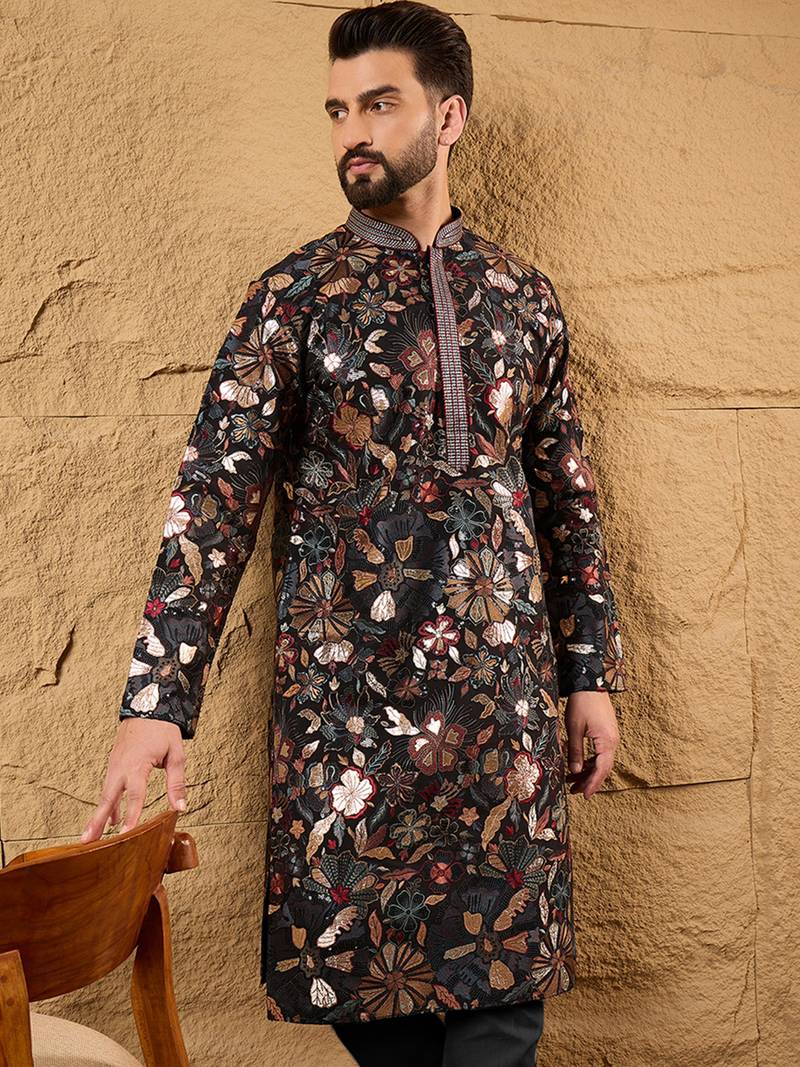 Men black silk blend solid embroidered straight kurta