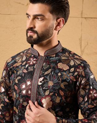 Men black silk blend solid embroidered straight kurta 2