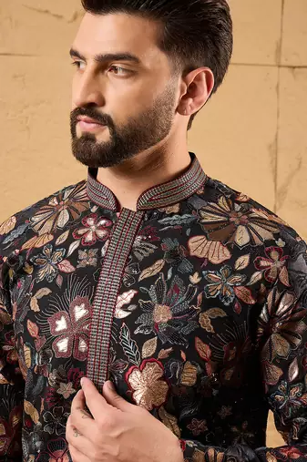Men black silk blend solid embroidered straight kurta