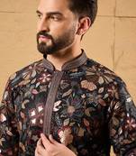 Men black silk blend solid embroidered straight kurta