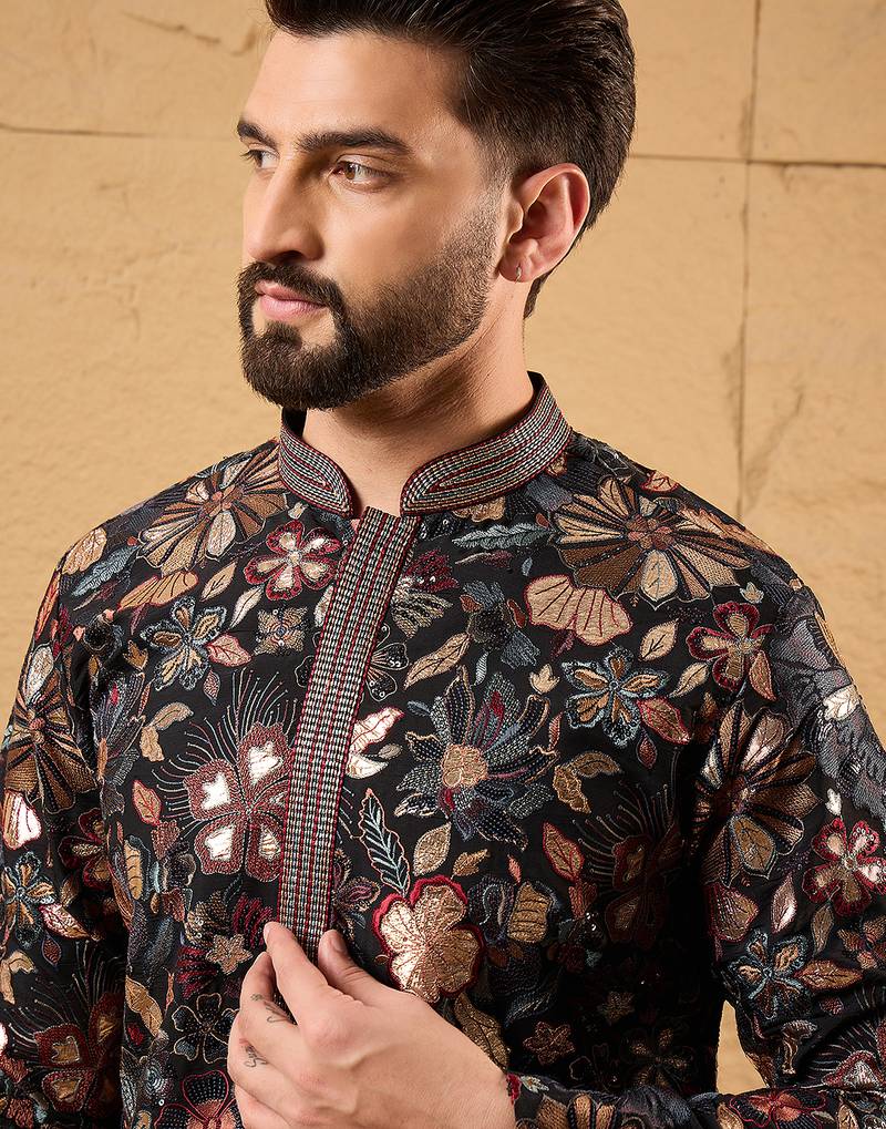 Men black silk blend solid embroidered straight kurta