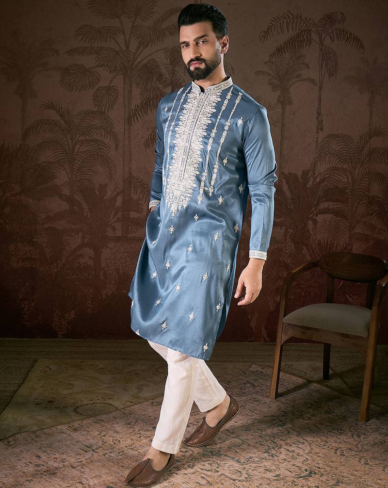 Men blue silk blend solid embroidered straight kurta with trouser