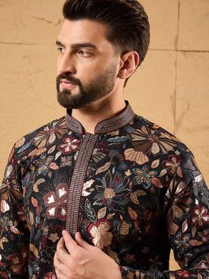 Men black silk blend solid embroidered straight kurta 3