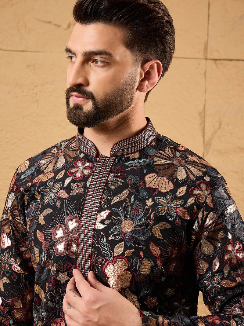 Men black silk blend solid embroidered straight kurta