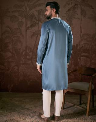 Men blue silk blend solid embroidered straight kurta with trouser 4
