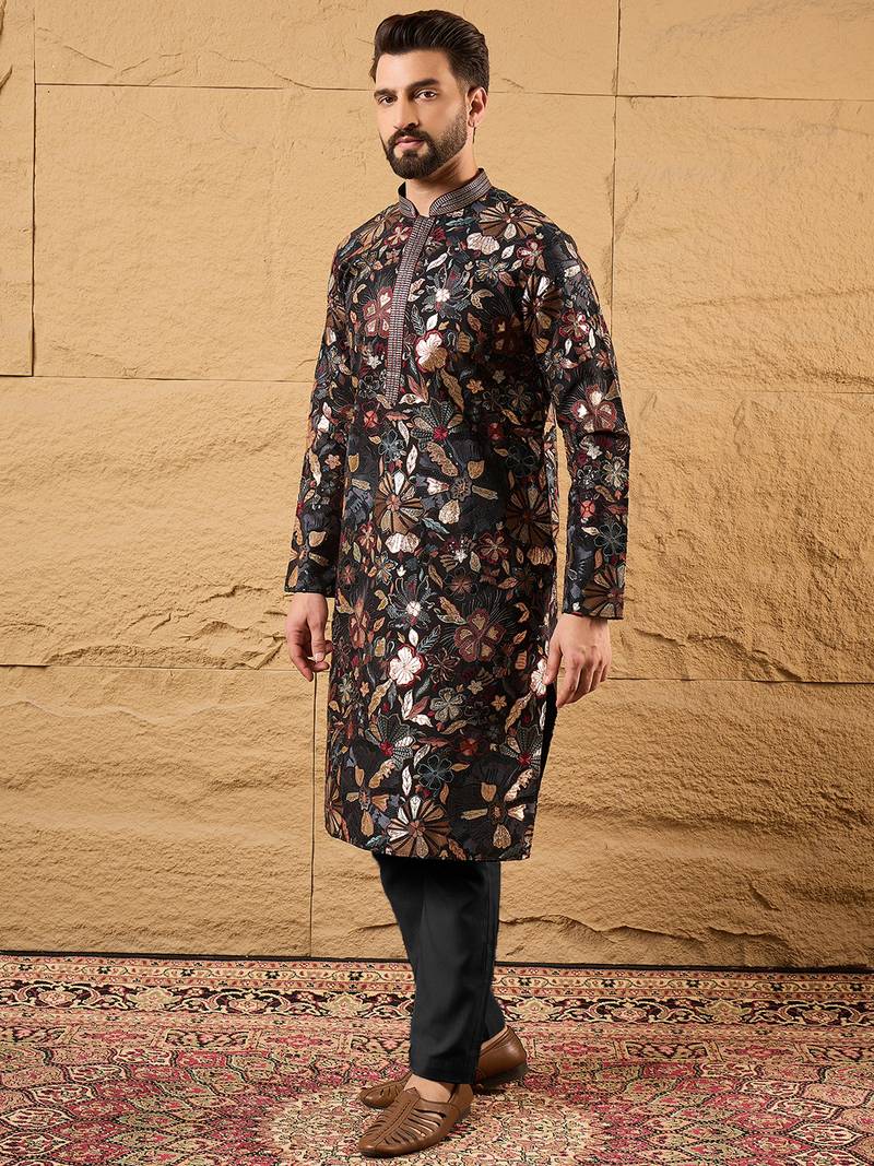 Men black silk blend solid embroidered straight kurta