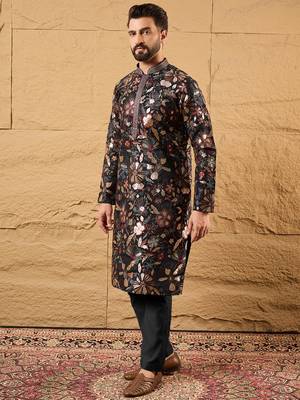 Men black silk blend solid embroidered straight kurta 1