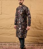 Men black silk blend solid embroidered straight kurta