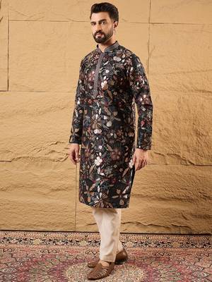 Men black silk blend solid embroidered straight kurta 1
