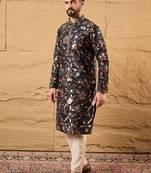 Men black silk blend solid embroidered straight kurta