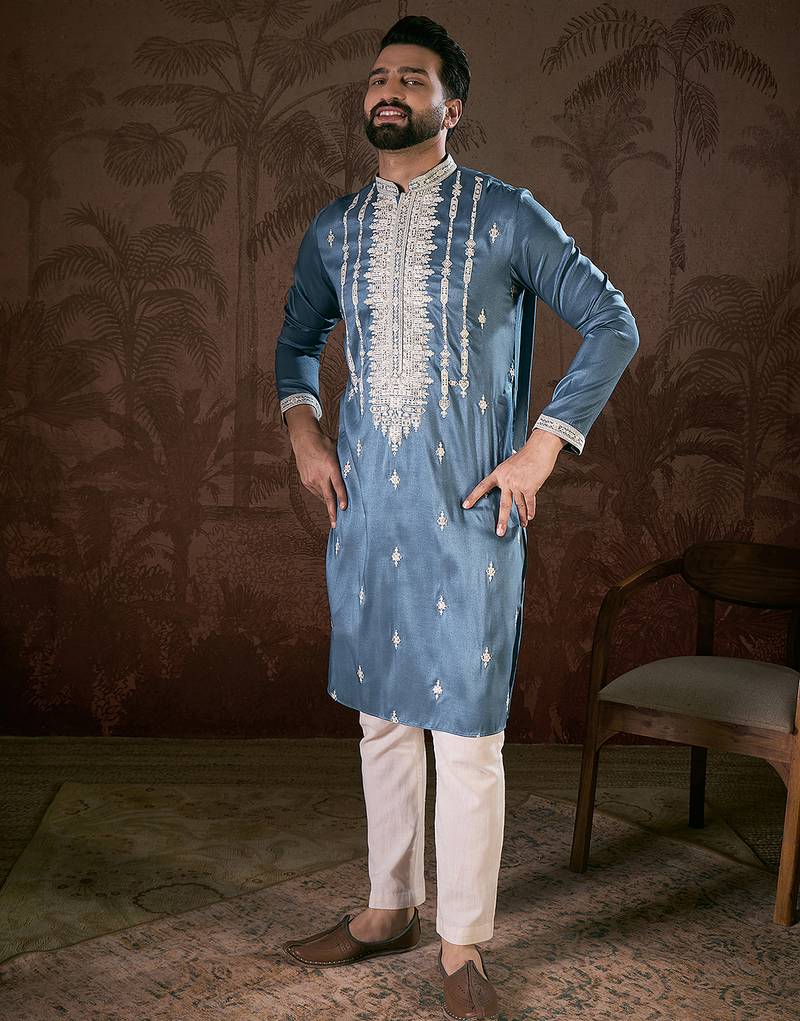 Men blue silk blend solid embroidered straight kurta with trouser