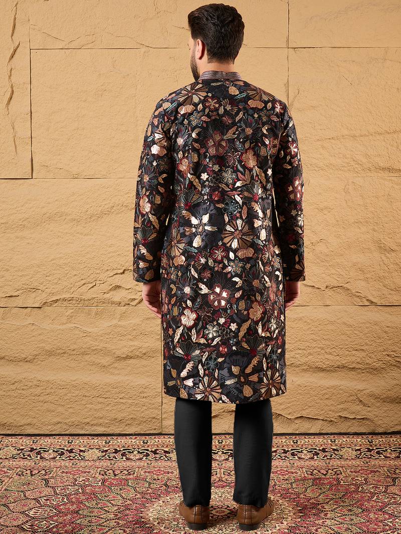 Men black silk blend solid embroidered straight kurta