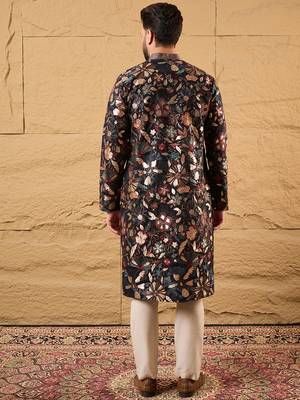 Men black silk blend solid embroidered straight kurta 4