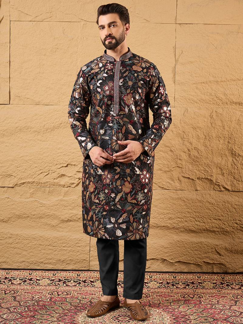 Men black silk blend solid embroidered straight kurta