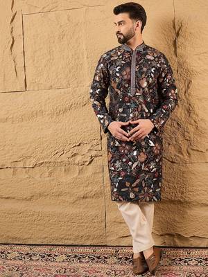 Men black silk blend solid embroidered straight kurta 5