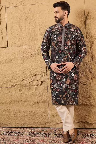 Men black silk blend solid embroidered straight kurta