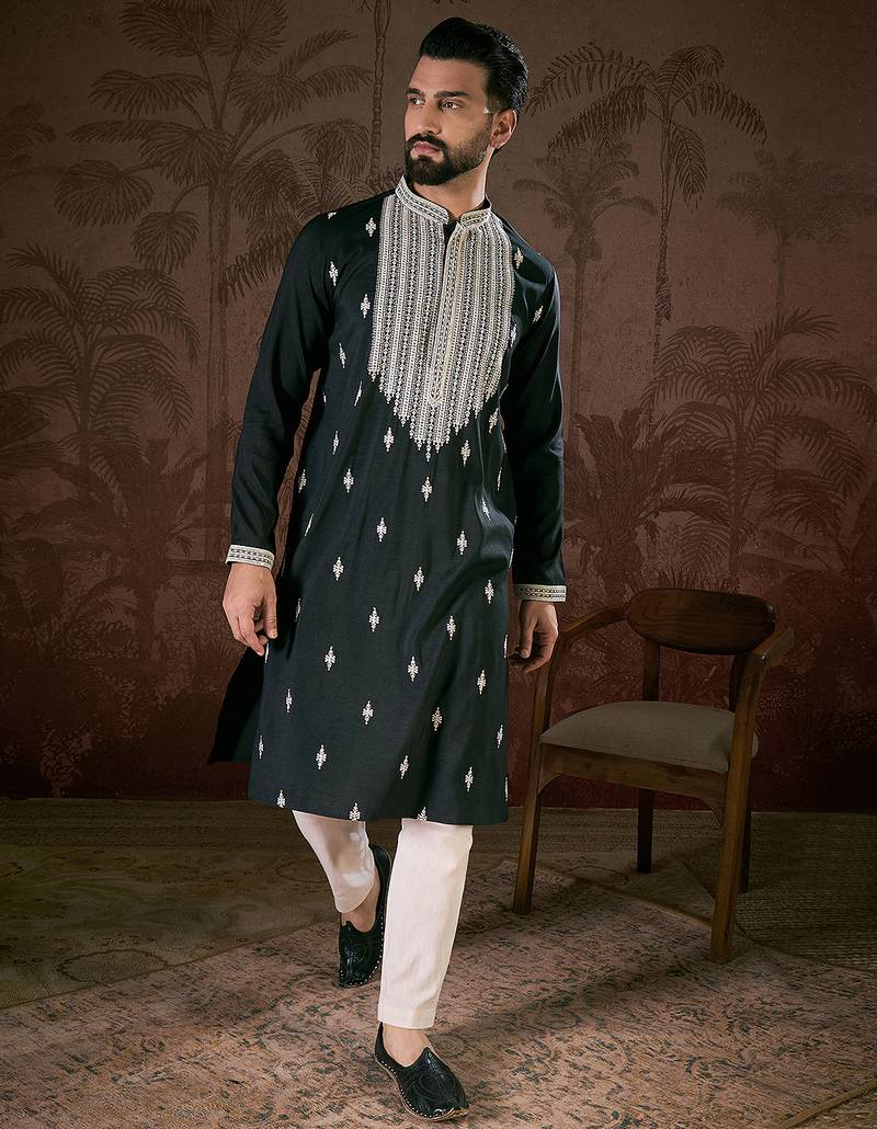 Men black silk blend solid embroidered straight kurta with trouser