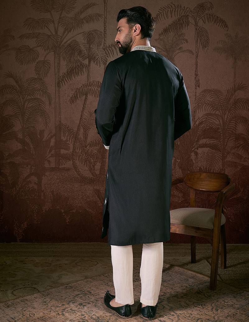 Men black silk blend solid embroidered straight kurta with trouser