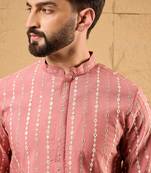 Men pink silk blend solid embroidered straight kurta