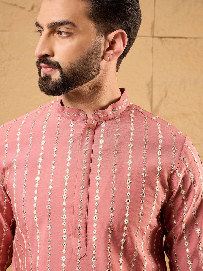 Men pink silk blend solid embroidered straight kurta