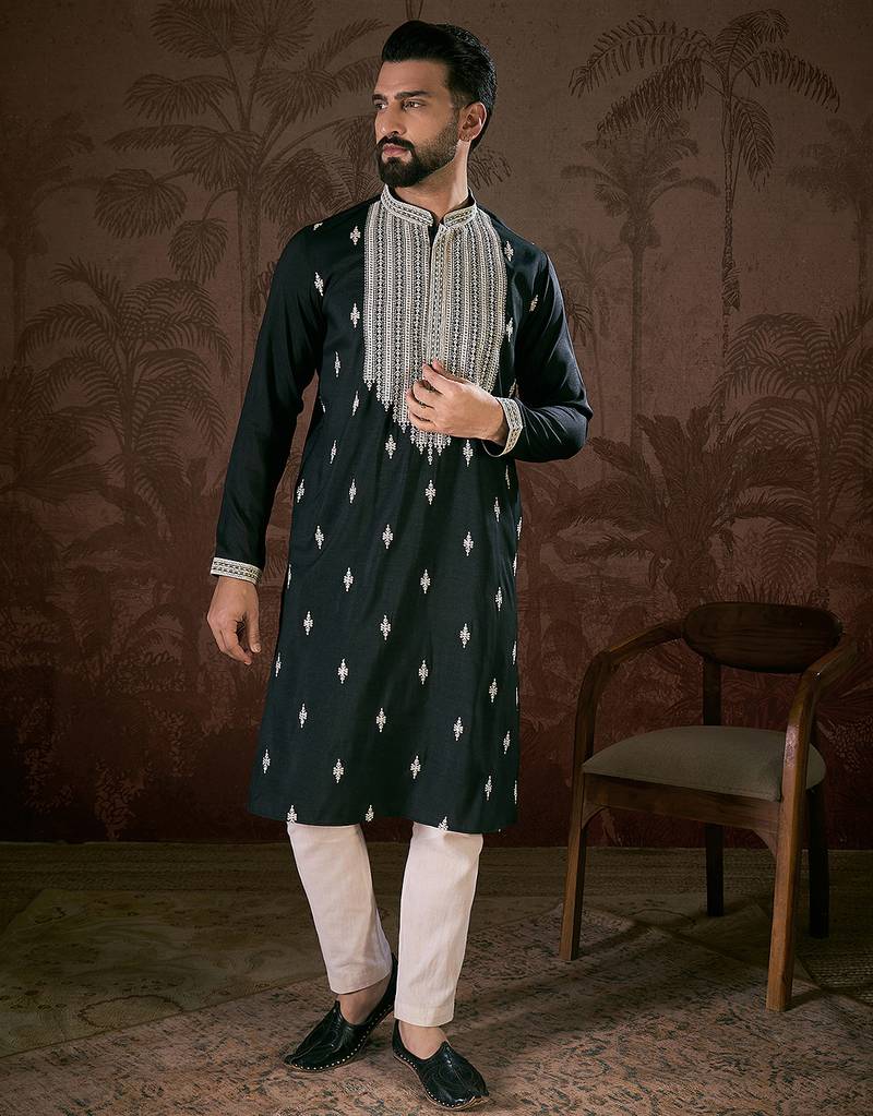 Men black silk blend solid embroidered straight kurta with trouser