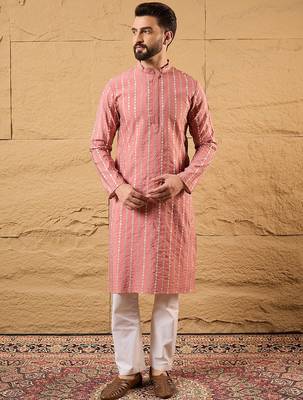 Men pink silk blend solid embroidered straight kurta 1