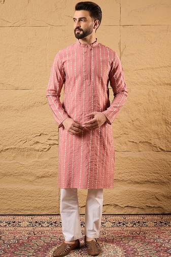 Men pink silk blend solid embroidered straight kurta