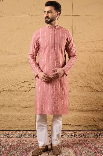 Men pink silk blend solid embroidered straight kurta