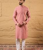 Men pink silk blend solid embroidered straight kurta