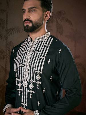 Men black silk blend solid embroidered straight kurta with trouser 1