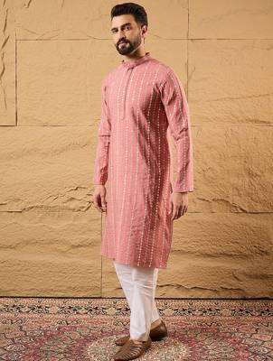Men pink silk blend solid embroidered straight kurta 3
