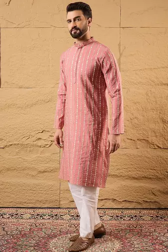 Men pink silk blend solid embroidered straight kurta